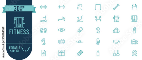 Fitness 30 Line Icons Set with Editable Stroke - Gym and Workout Equipment Vector Symbols for Exercise and Bodybuilding