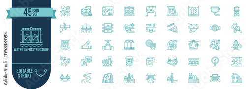 Water Infrastructure 45 Line Icons Set with Editable Stroke - Water Supply and Irrigation System Vector Symbols for Engineering and Urban Planning