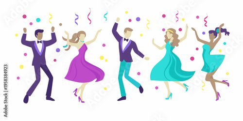 Celebratory group of people dancing with confetti falling around them