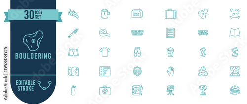Bouldering 30 Line Icons Set with Editable Stroke - Rock Climbing and Indoor Climbing Vector Symbols for Climber and Extreme Sport