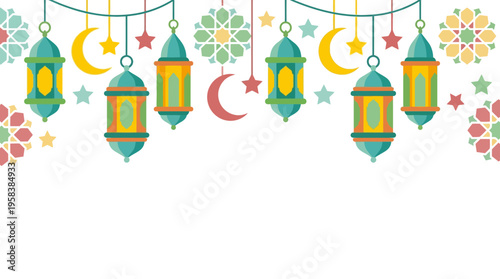Vibrant vector lanterns hang with colorful stars and crescent moons in a festive Ramadan decoration scene.
