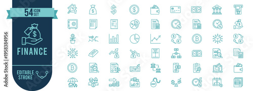 Finance 54 Line Icons Set with Editable Stroke - Banking and Investment Vector Symbols for Money Management and Financial Business