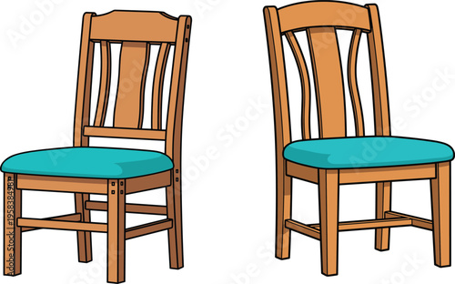 Wooden dining chairs with blue cushion seats illustration classic kitchen furniture seating design isolated on white background hand drawn style