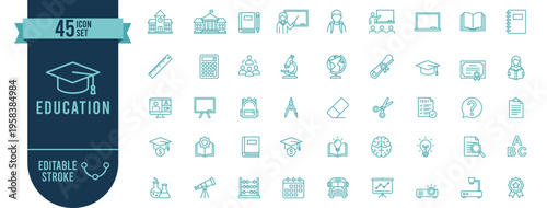 Education 45 Line Icons Set with Editable Stroke - School and University Vector Symbols for Learning and Academic Study