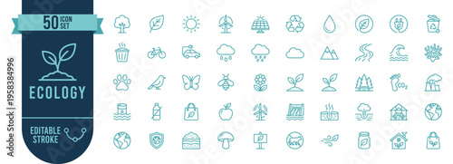 Ecology 50 Line Icons Set with Editable Stroke - Nature and Environment Vector Symbols for Green Energy and Sustainable Living