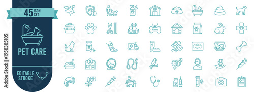 Pet Care 45 Line Icons Set with Editable Stroke - Veterinary and Animal Care Equipment Vector Symbols for Pet Shop and Clinic
