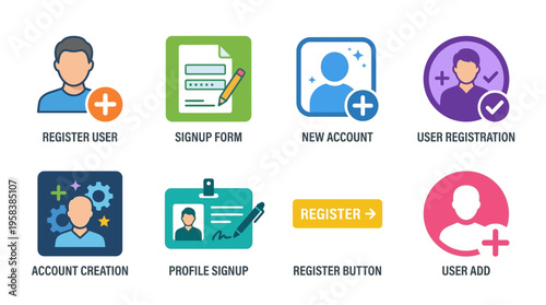 Vector icons of people registering and signing up for accounts with various buttons and forms online.