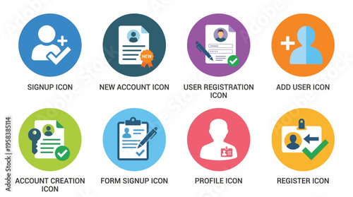Vector icons of various user account creation and management processes including signup, registration, and profile illustration.