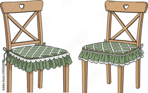 Wooden dining chairs with cushion seats illustration rustic farmhouse furniture set classic kitchen seating design isolated on white background vintage style