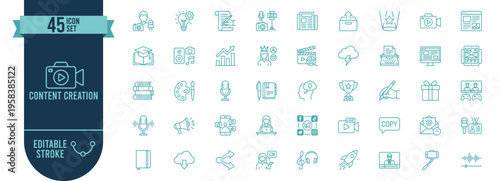 Content Creation 45 Line Icons Set with Editable Stroke - Digital Media and Social Media Marketing Vector Symbols for Blogger and Creator