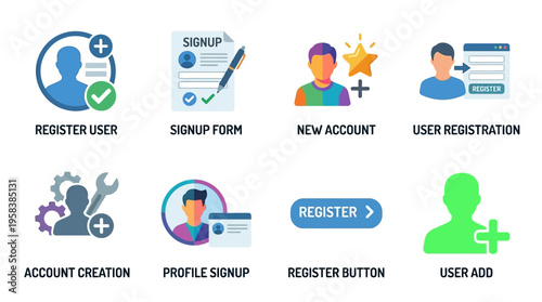 Vector icons illustrate user registration process with signup form and account creation