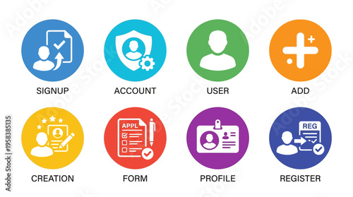 A vector illustration of a user registration process with icons for signup, account, user profile, creation, form, and account verification on a screen.
