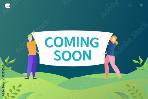 Illustration of people holding a coming soon banner in a vibrant scene