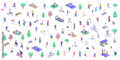 Isometric illustration depicting a diverse group of people enjoying outdoor activities