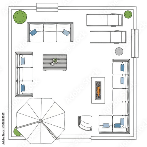 Outdoor Living Space Layout With Patio Furniture Arrangement Including Lounge Seating Fire Pit And Umbrella Design furniture icons top view interior