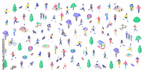 Isometric illustration depicting a diverse group of people in a park setting