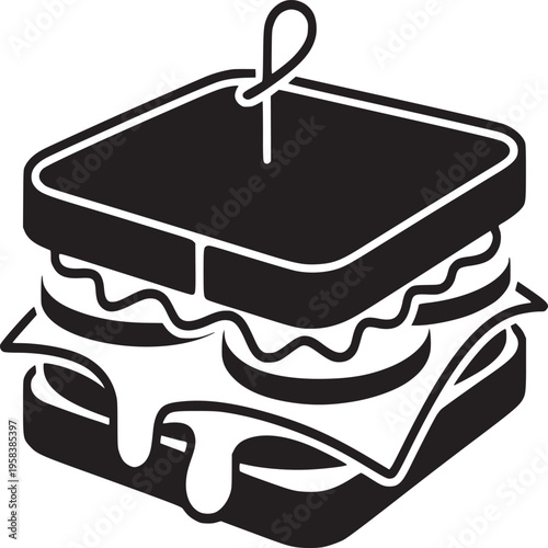 A black and white graphic illustration of a sandwich with a toothpick on a white background