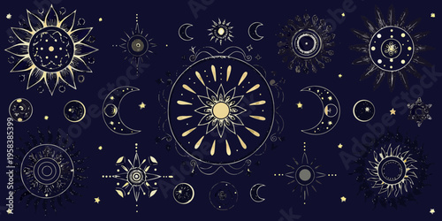Mystical celestial patterns featuring suns moons and stars in golden hues