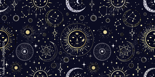 Celestial pattern featuring suns moons and stars on a dark background