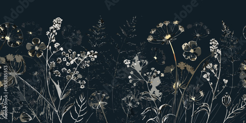 Dark floral illustration with delicate wildflowers and golden accents