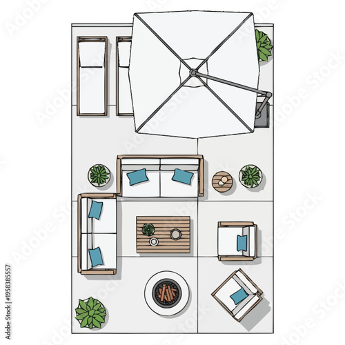 Modern Outdoor Living Space Floor Plan Layout Featuring Lounge Seating Dining Table Fire Pit and Canopy Umbrella Ideal for Patio Design and Exterior