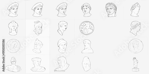 Collection of sketched ancient busts and portraits primarily greco roman style