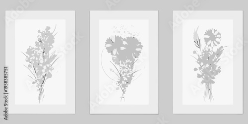 Three grayscale botanical prints arranged in a vertical triptych format
