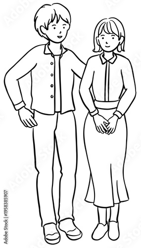 仲が良いカップルのイラスト　線画