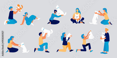 People interacting with cats in a colorful illustrated vector design