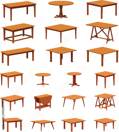 Wooden tables collection set illustration various table designs dining coffee side tables furniture elements isolated on white background vector style