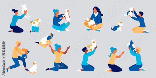 Diverse group of people interacting with and holding cute cats