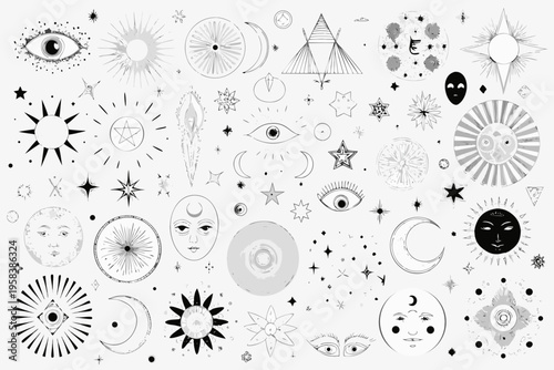 Celestial collection moons suns eyes and stars in black and white