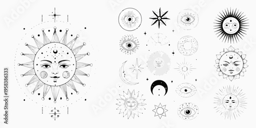 Celestial faces and suns a collection of ornate black and white drawings