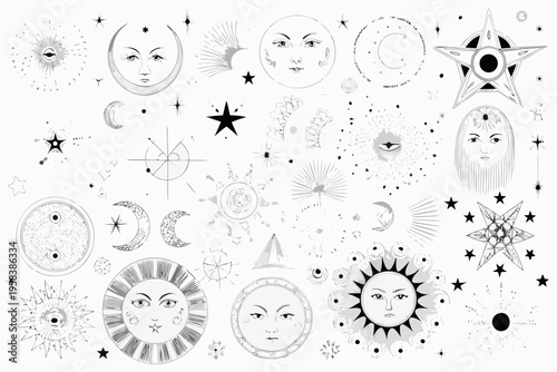Celestial collection of moons stars and faces in black and white