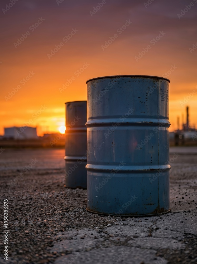 Obraz premium Steel oil drum standing on gravel ground against sunset. Industrial container for storage of chemicals and fuel. Energy resource sector, petroleum industry and manufacturing concept.