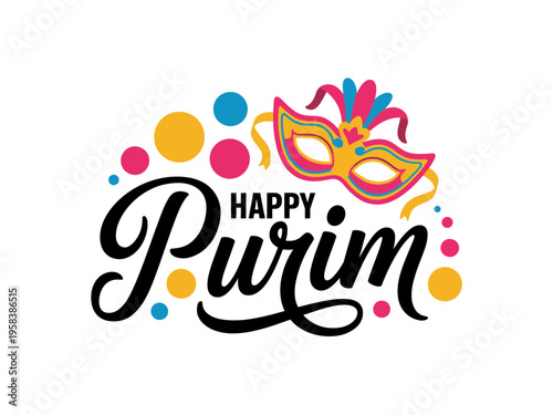 A colorful vector graphic illustration celebrating Purim with a festive mask and confetti