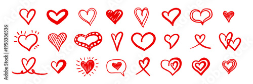Hand drawn red heart doodles collection. Cute sketchy love icon with rough textures. Perfect for Valentine's Day card, romantic design, or playful wedding invitation. Vector hand drawn pencil set