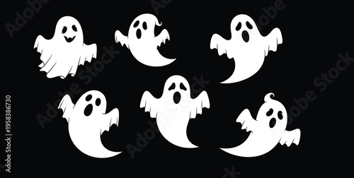 Five white ghost decorations on a black background for halloween