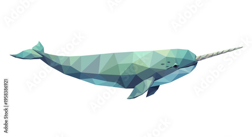 Low Poly Narwhal Illustration, Arctic Whale with Tusk, Geometric Style