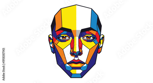 Geometric Face Art: Colorful Polygon Portrait with White Background