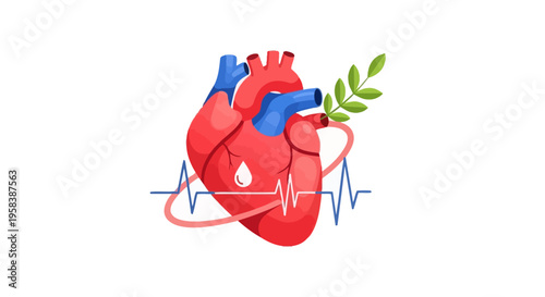 Medical illustration heart symbol with ekg and floral elements