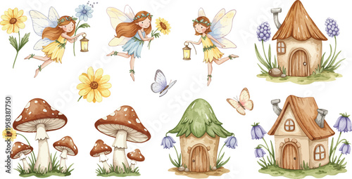 Whimsical fairy tale mushroom houses and gardens with flowers and butterflies