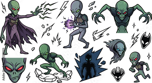 Cartoon Alien Characters with Superpowers, Energy Balls, Lightning, and Action Poses in a Sci-Fi Adventure Style for Kids Illustration