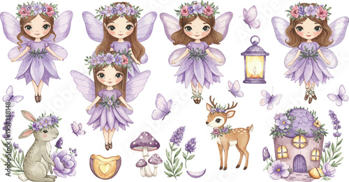 Whimsical fairy friends with animals in a magical purple garden scene