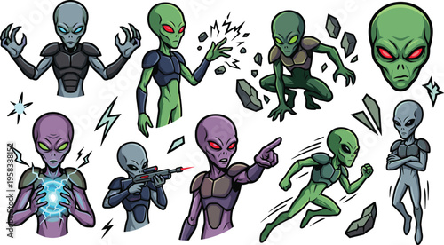 Alien Characters with Superpowers in Various Poses, Using Energy, Telekinesis, and Weapons for Sci-Fi, Fantasy, and Comic Designs