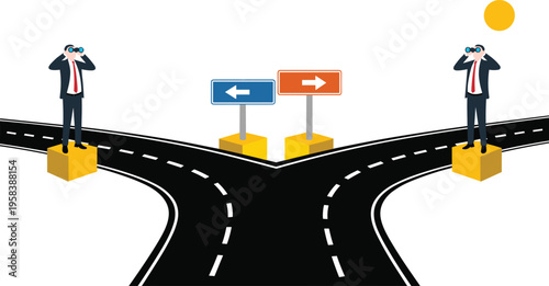 Businessmen, at, crossroads, making, decision, choosing, direction, strategic, choice, career, path, leadership, dilemma, opportunity, future, planning, risk, management, success, concept