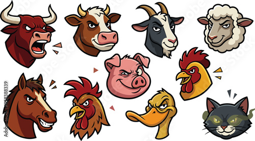 Angry and Playful Cartoon Animal Heads Collection with Bull, Cow, Goat, Sheep, Pig, Rooster, Duck, Horse, and Cat