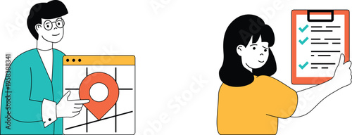 Professional discussing location and checklist with a colleague