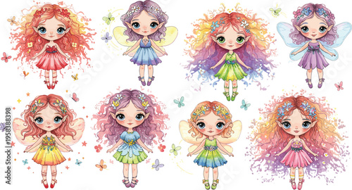 Eight colorful cartoon girls with different hair and dresses standing in two rows