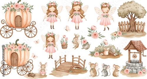 Whimsical illustrations of girls and animals in a garden setting with carriage and well